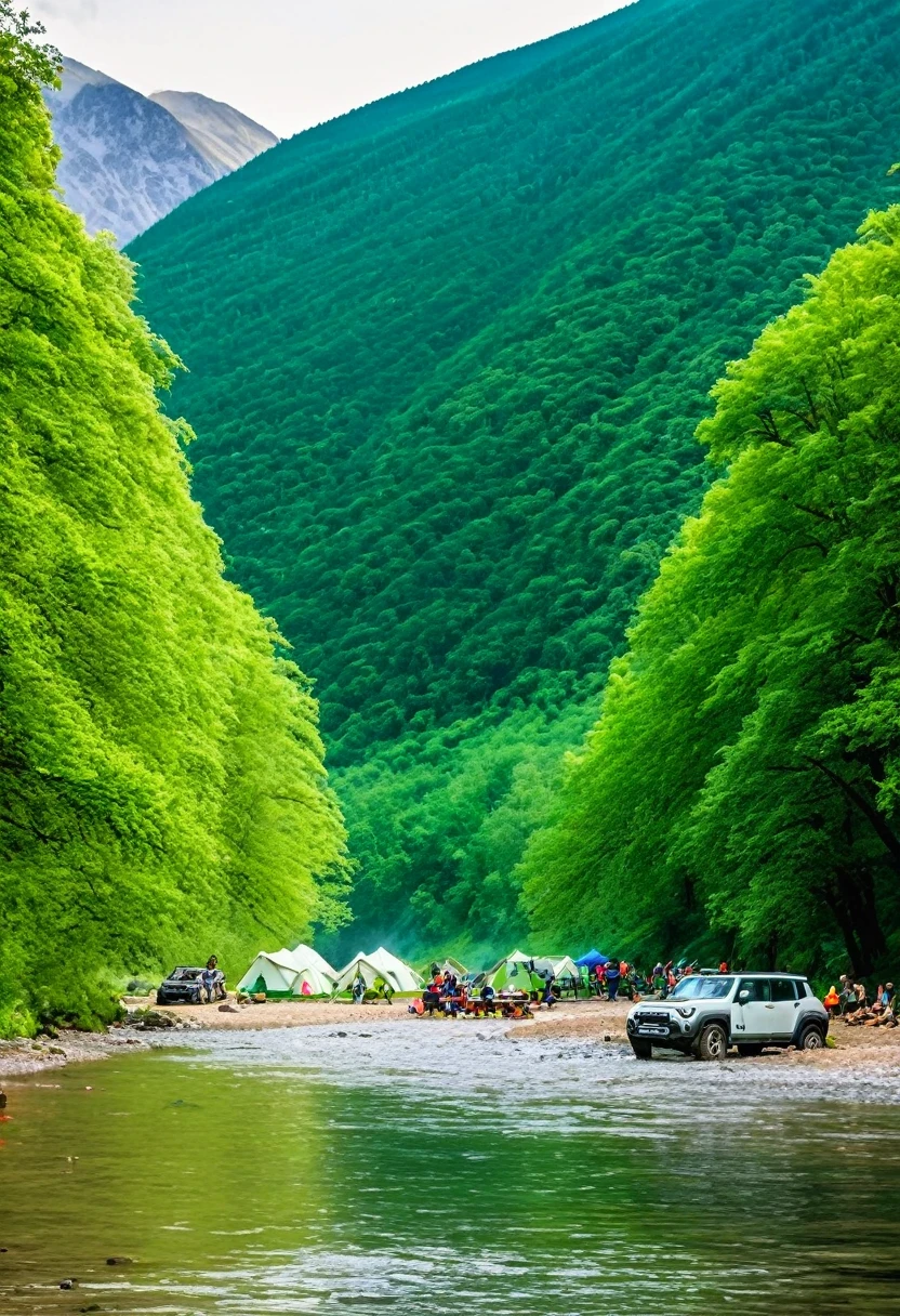 Outdoor Camping,Rivers and streams, green off-road vehicles, driving at high speeds in the water. There are white tents and camping tables on the grassy beach by the river, a group of young people happily gathering, a campfire, a joyful camping atmosphere, green mountains, off-road, car photography, photography