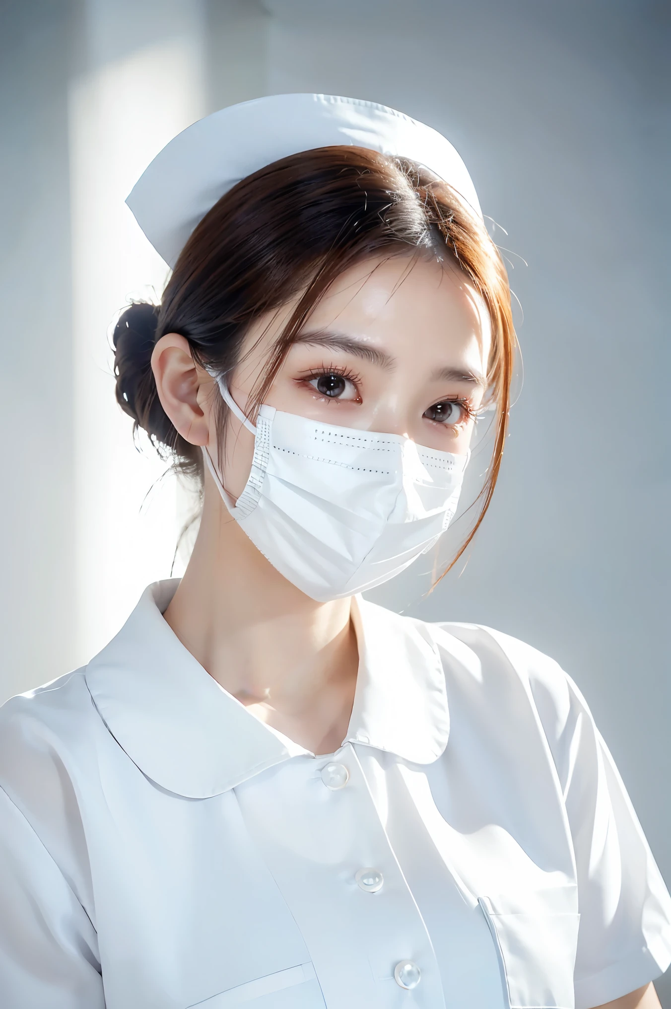 (Tabletop、highest quality、8k、Award-winning works、Ultra-high resolution)、(One beautiful nurse:1.1)、(The perfect white nurse uniform:1.1)、(White Mask:1.1)、Chignon、Accurate anatomy、(Strongly blurred white background:1.1)、(very bright white lighting:1.1)、(Close-up of face:1.3)、Perfect beautiful makeup、Spectacular Cinema Lighting、Tyndall effect、(standing elegantly:1.1)、(Shining white skin:1.1)