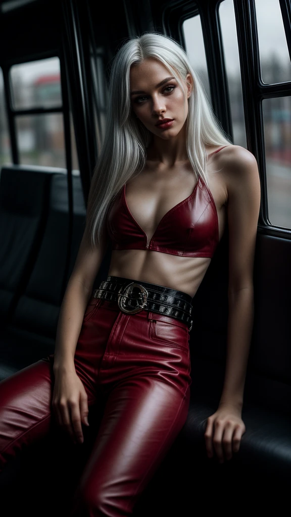 Seductive and confident look. Distant image. Long legs. Slim age european rock stylecgirl. Red leather trousers, sneakers. Sitting in a bus. White hair, sidecut. Piercing. backlit, smirk, belt, backlit, perfect sultry make-up, cinematic, realistic, high contrast, visually rich,piercing eyes, strong eyeliner, mesmerizing eyes, elegant, graceful, natural beauty, charismatic, versatile, photogenic, very detailed