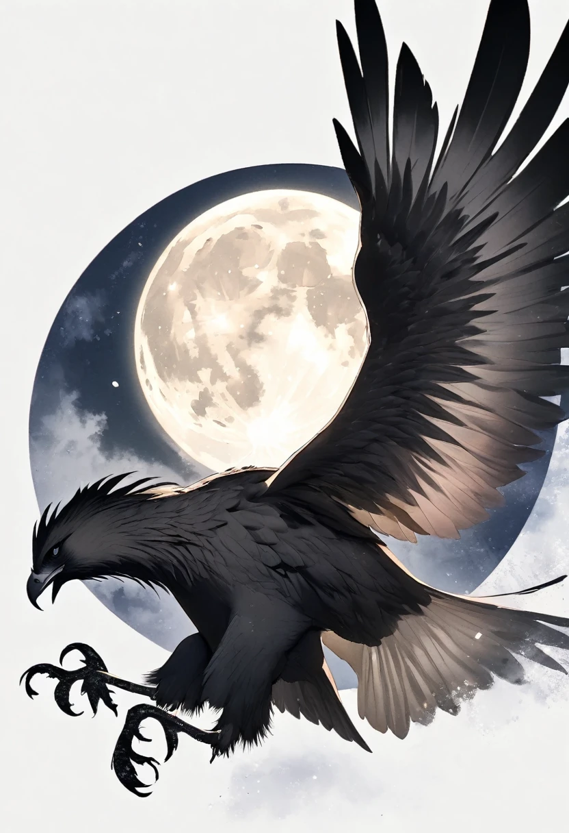 Black Hawk, White background, moon, Minimalism, Top view,Black and White，Light Effect