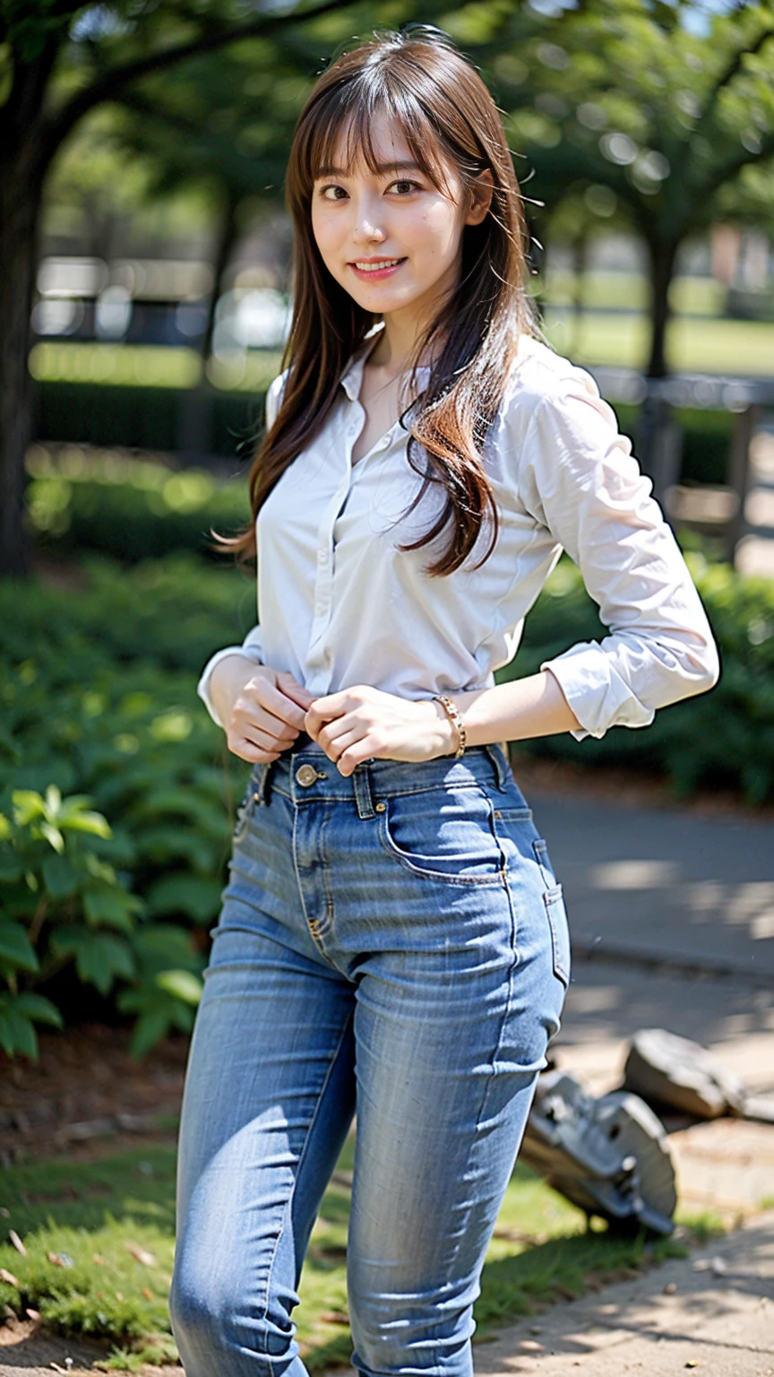 (8k、RAW Photos、highest quality、masterpiece:1.2)、(Realistic、Realistic)、1 girl、((White shirt、Fluttering Hair、black skinny pants、loafers、smile、See-through、garden、Standing with hands on hips))、Lots of eyelashes、Glowing eyelids、skeletally correct