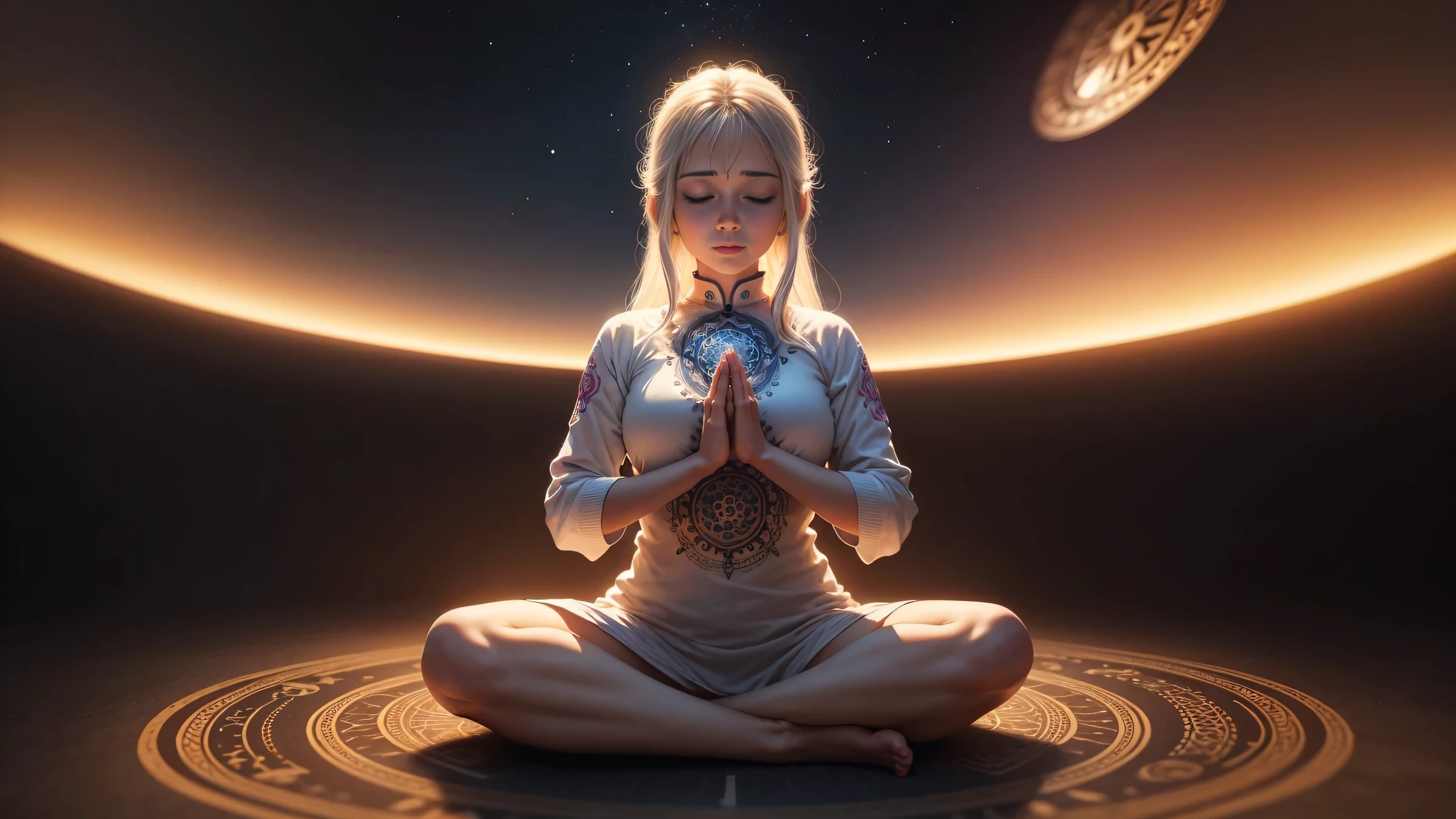 A woman meditating with her hands together Mandala espacial em fundo