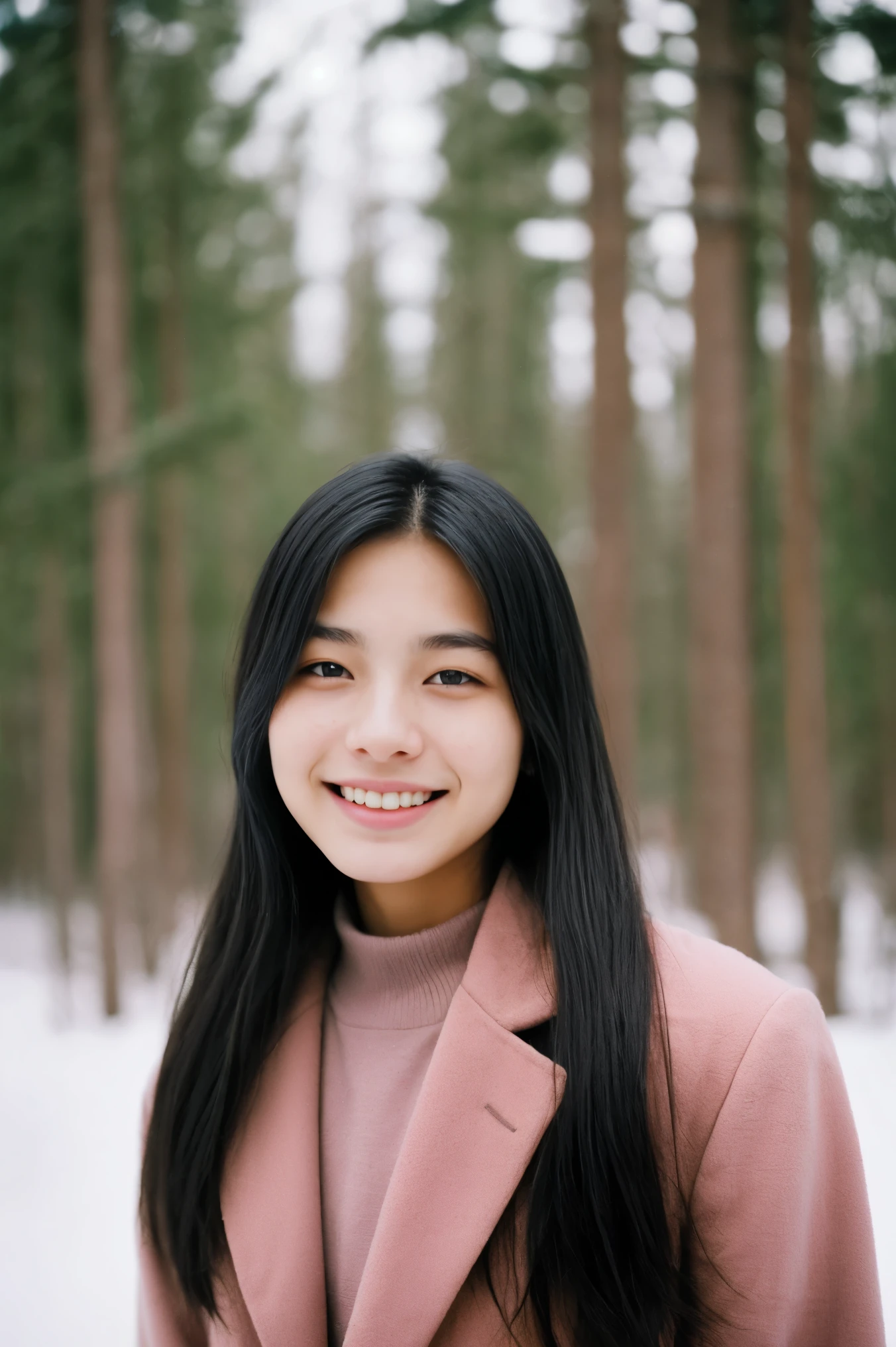 realistic photo of a 19-year-old Asian girl, beautiful face, long black hair blended with pale pink hues in a stylish cut, an adorable appearance, and a mesmerizing smile, a character dressed in a Viking style overcoat made with fur, strikes a casual, playful pose amidst the Nordic woods, set against a snowy backdrop. brimming with emotion, interplay of contrast along with detailed light and shadow, depth of field, people in a blurred background,