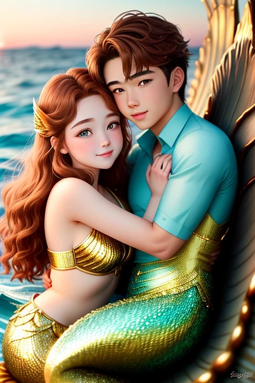 The handsome boy hug a beautiful mermaid girl on the sea with golden red tails.
18-year-old girl. Detailed face, Detailed eyes, double eyelid, cute, sunny, warm vibes, hot-seductive-sexy-cute-beautiful-girl with brown hair and blushing face. Intimate vibes.
