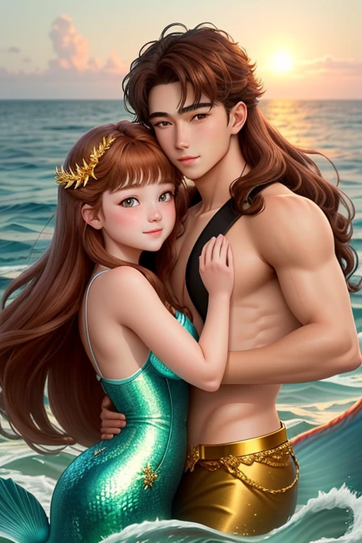 The handsome boy hug a beautiful mermaid girl on the sea with golden red tails.
18-year-old girl. Detailed face, Detailed eyes, double eyelid, cute, sunny, warm vibes, hot-seductive-sexy-cute-beautiful-girl with brown hair and blushing face. Intimate vibes.