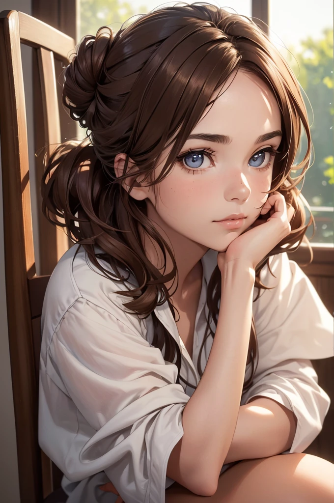 8K,Best quality, masterpiece, ultra high res, (photorealistic:1.4), raw photo, (Authentic skin texture:1.3), (film grain:1.3), (selfie angle),1girl, one bun hairstyle, brown hair, sitting, chair, bored, hand supporting chin, beautiful detailed eyes and face,masterpiece, best quality,close-up,upper bod,