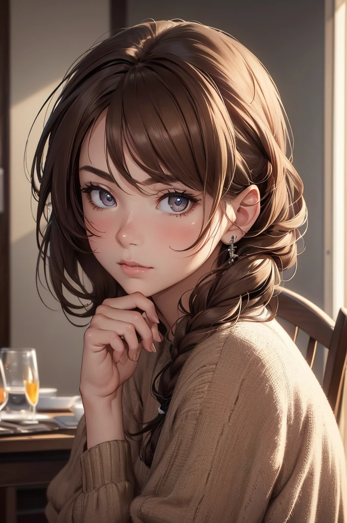 8K,Best quality, masterpiece, ultra high res, (photorealistic:1.4), raw photo, (Authentic skin texture:1.3), (film grain:1.3), (selfie angle),1girl, one bun hairstyle, brown hair, sitting, chair, bored, hand supporting chin, beautiful detailed eyes and face,masterpiece, best quality,close-up,upper bod,