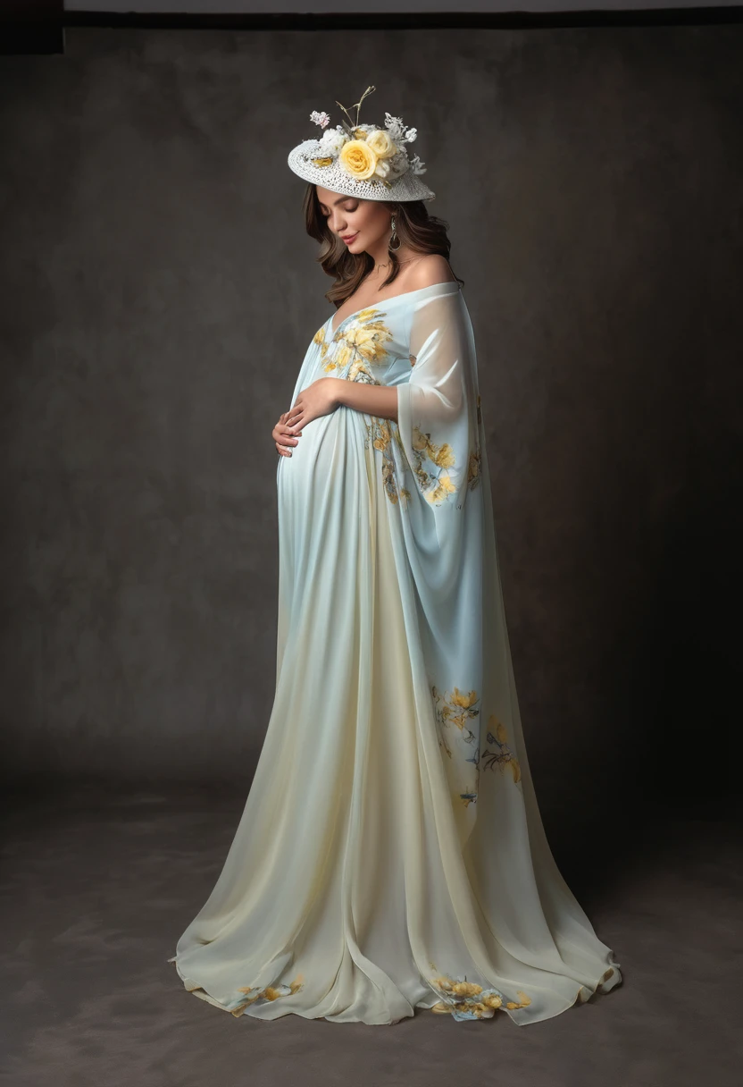 pregnant woman in a flowing dress with a flower hat in her hair, wearing a flowing floral pattern yellow dress, flowing dark yellow gown, beautiful flowing fabric with traditional Persian patterns, flowing dress, endless flowing ethereal drapery, draped in flowing fabric, beautiful gown, flowing realistic fabric, dressed beautiful gown, soft elegant gown, wearing a white flowing dress, wearing stunning ivory dress, in style of kyrill kotashev