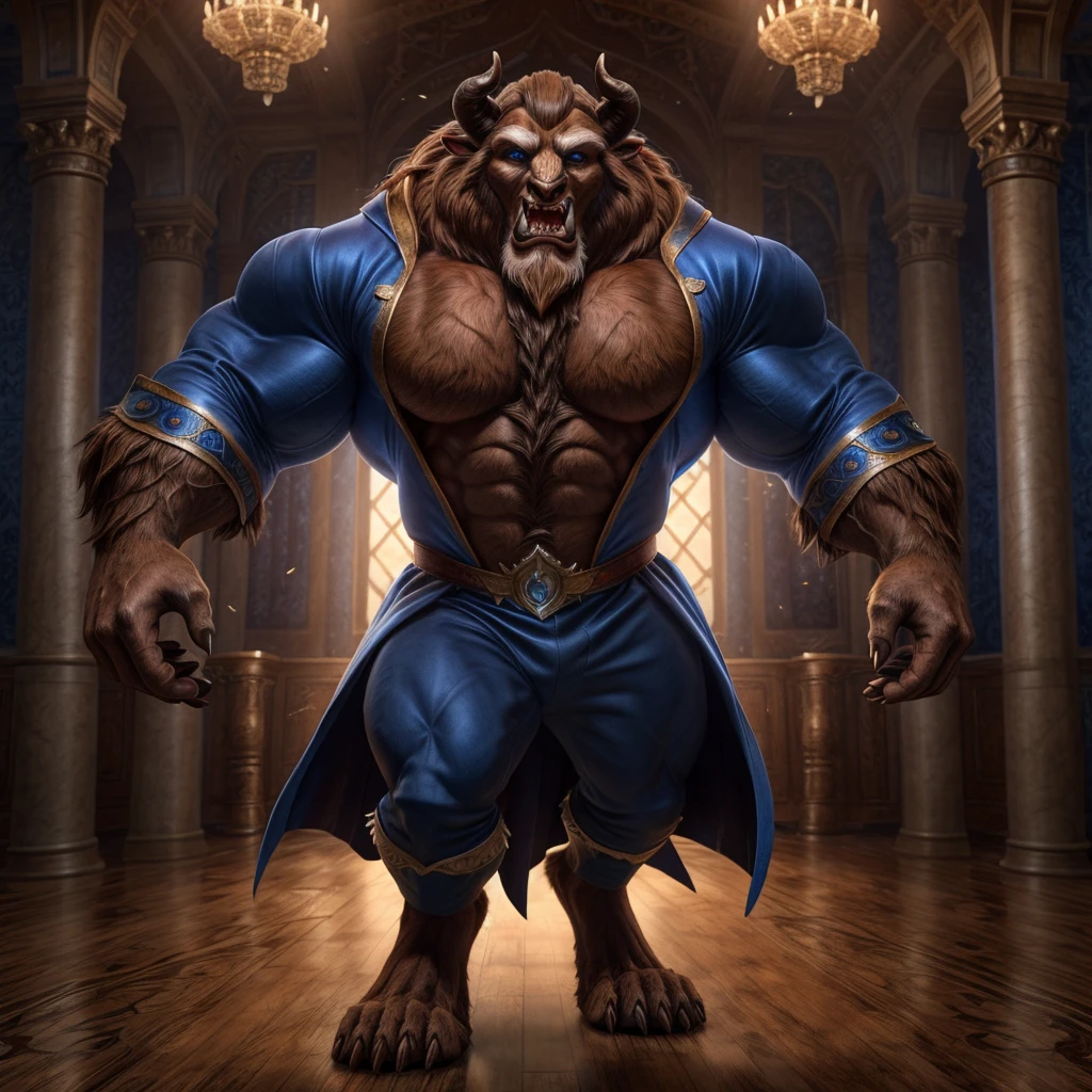 A photorealistic image of the Beast from the movie Beauty and the Beast, super muscular giant, with muscular arms, broad shoulders, giant and toned physique, bursting muscular veins, blue eyes, tail, super furry brown fur, horns facing backwards, roaring, barefoot, wearing a blue tuxedo, wearing a tuxedo, in a ballroom, seen from the front