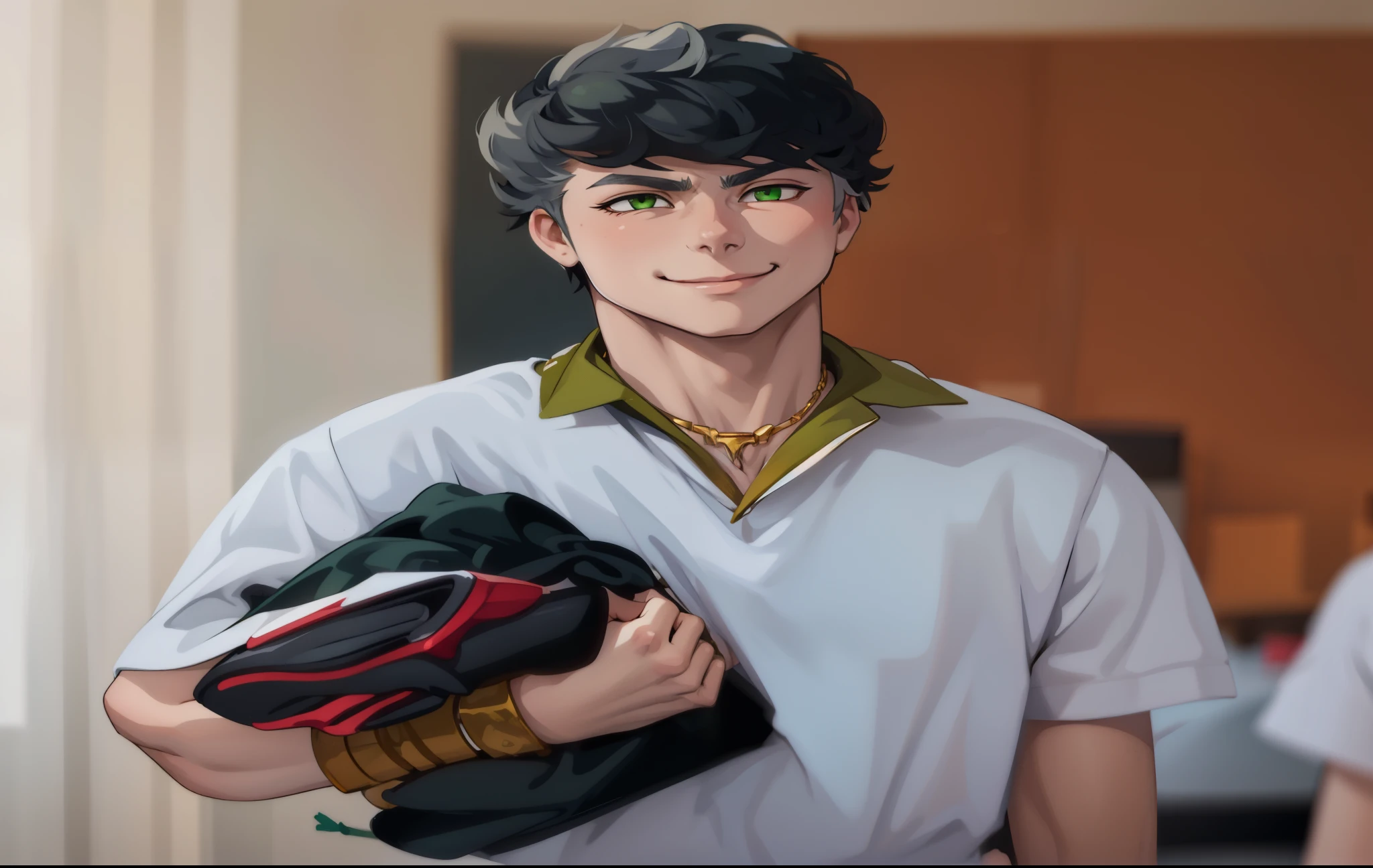 white hair young 17 year old man is walking with a mischievous smile has green eyes white hair has gold necklace gold bracelets