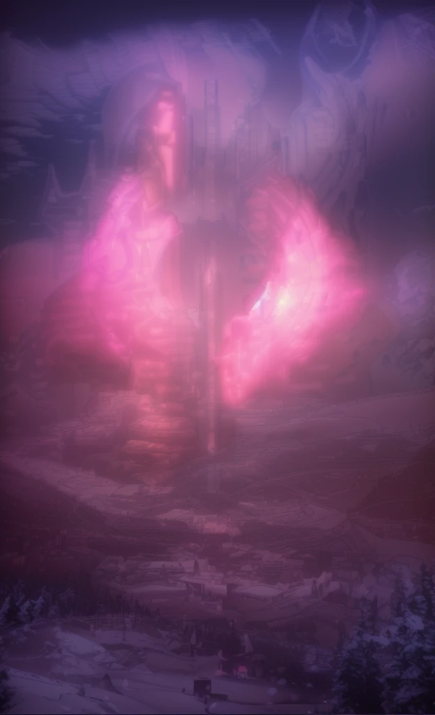 Masterpiece, 12k, uhd, photorealistic, a ultra beautiful suggestive landscape, with snow hills, snow land, futuristic metropolis in background, with skycrapers, night sky with stars, pink boreal aurora in the sky, light neon effects, cyberpunk dreaming atmosphere, (3D rendering buildings), seems real, blue and pink sky and snow colors