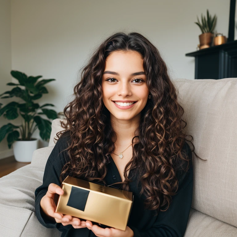 smiling woman with long curly brown hair, brown eyes, potret in a living room, holding a very small black box ,  with both hands, 25 years old, laying flat on a couch, 