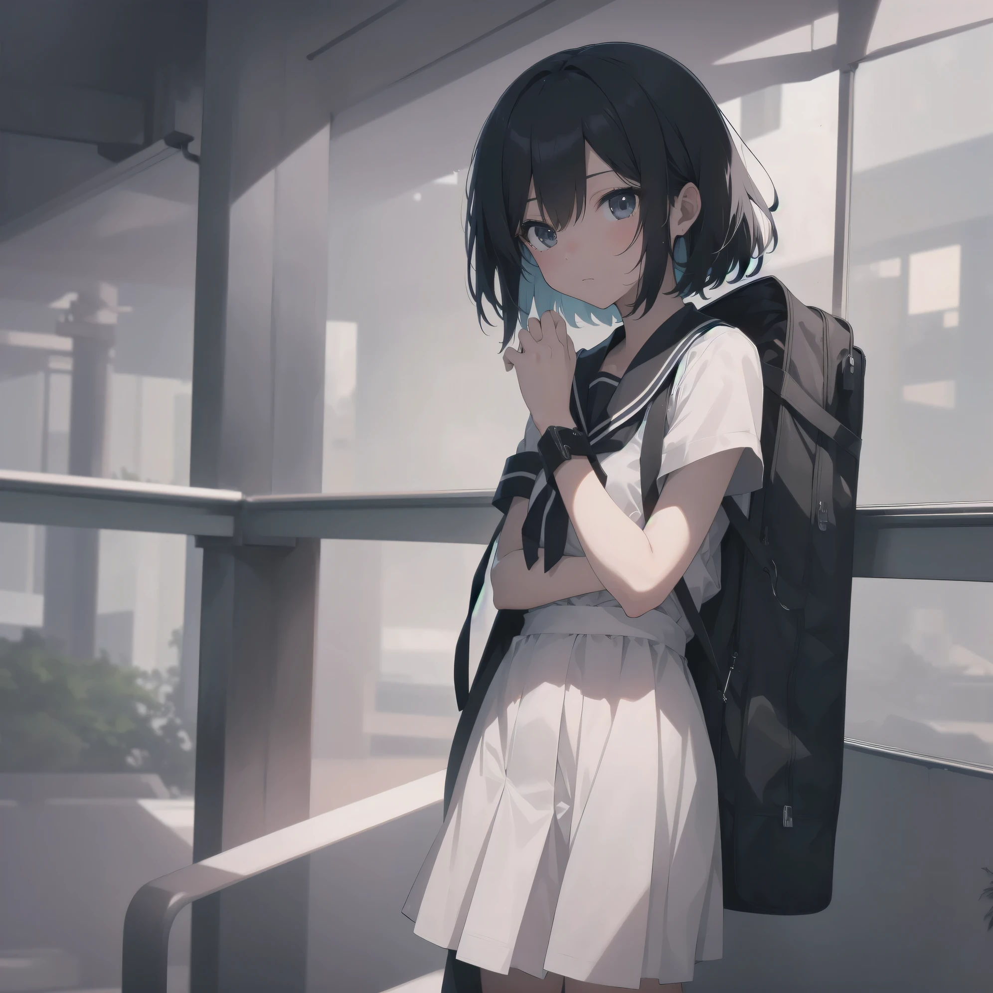 ultra-absurdres-Top quality by artist God, ultra-detailed, high resolution, anime moe artstyle, best anime 8k konachan wallpaper, pixiv contest winner, pool:2810, perfect anatomy,break, 1girl, (Please draw a girl walking sleepily to school alone. )break,(Solo,little female, 13-year-old:1.3),Full limbs, complete fingers,a junior high school student, (very short hair), short cut, flat chest, , small butt, small black eyes, beautiful detailed eyes, well-proportioned iris and pupils, expressive eyes, highres detailed hair, soft expression, salor school_uniform, sailor collar, serahuku, bow, pleated skirt,(Detailed Lighting), (Detailed background), in the School commute route. break,super detailed skin, Best cinematic lighting powered by famous artist, 8k,beauty illustration,photoshop_(medium),very aesthetic,break,((artist:kouno_(masao) )), artist:clamp ,artist:carnelian ,artist:kantoku ,