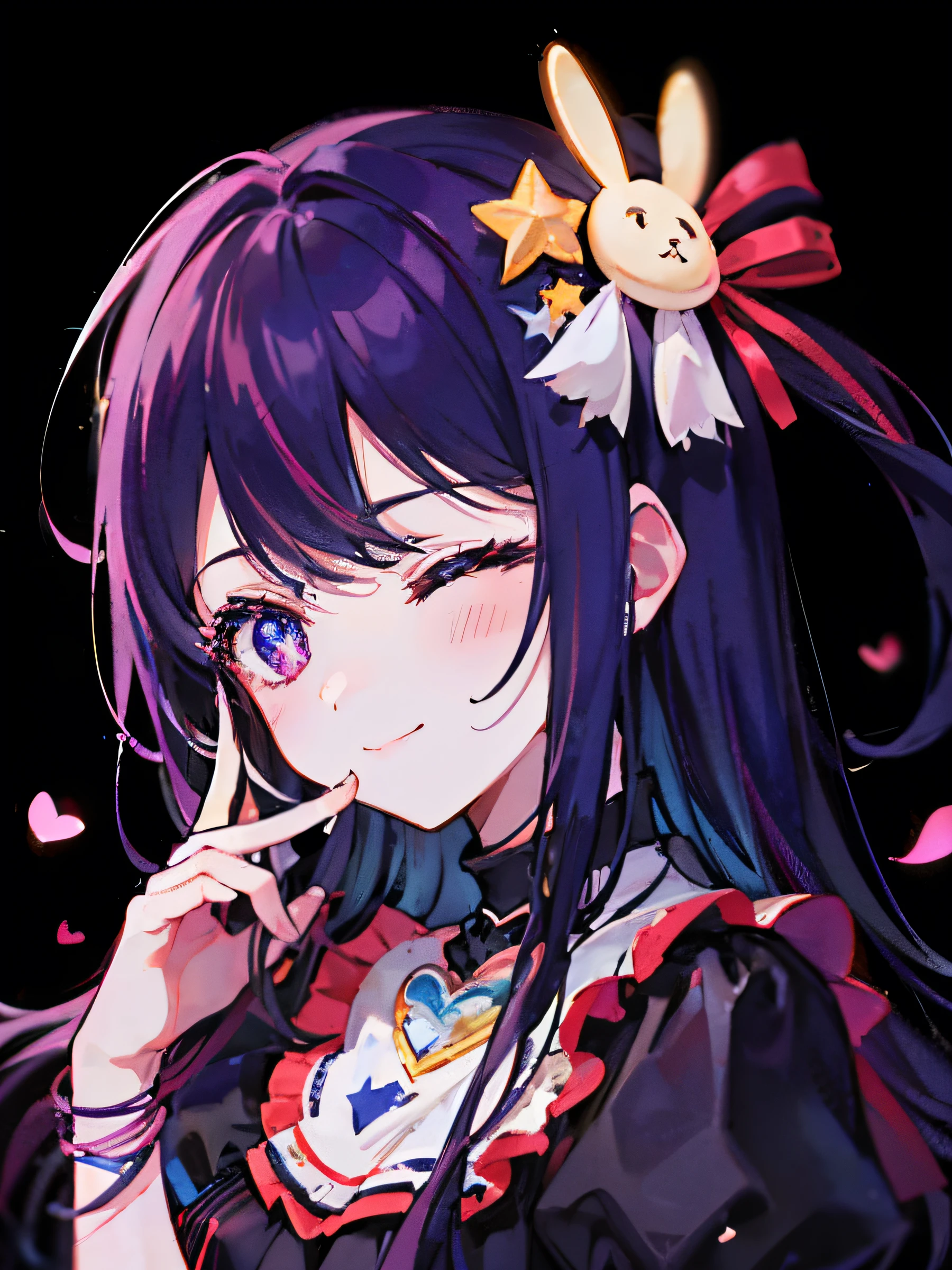 1 girl,(Ai Hoshino, Long hair, Purple hair, Striped hair ,Purple eyes, Star-shaped pupils, hair adornments) ,((Masterpiece)), ((Best quality)), (Ultra-detailed), ((kawaii)), Cute, (Lovely), ((Extremely detailed)), 4K, (8K), Best quality, (Beautiful), Extremely detailed CG of the game, Live performance venue, A cute girl, 1girll, Solo, heartthrob, Beautiful short black hair, Colorful glow sticks,Colorful spotlight hair ornaments, Smile, Closed eyes, ((heartthrob)), Big smile, Purple dress