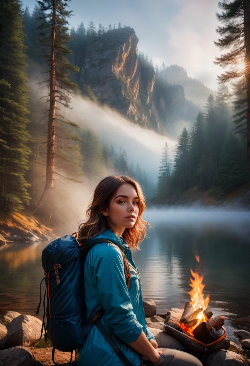 A beautiful girl in the mountains, outdoor camping, detailed face, high quality, realistic, photorealistic, 8k, ultra-detailed, vibrant colors, dramatic lighting, golden hour, dramatic shadows, fog, mist, campfire, outdoor gear, hiking backpack, sleeping bag, tent, forest, pine trees, rocky cliffs, river, reflection, cinematic composition