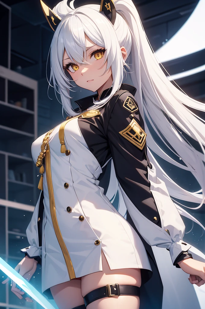 Black anime girl with long white hair in a white outfit, yellow eyes, with a sword, impatic genshin style