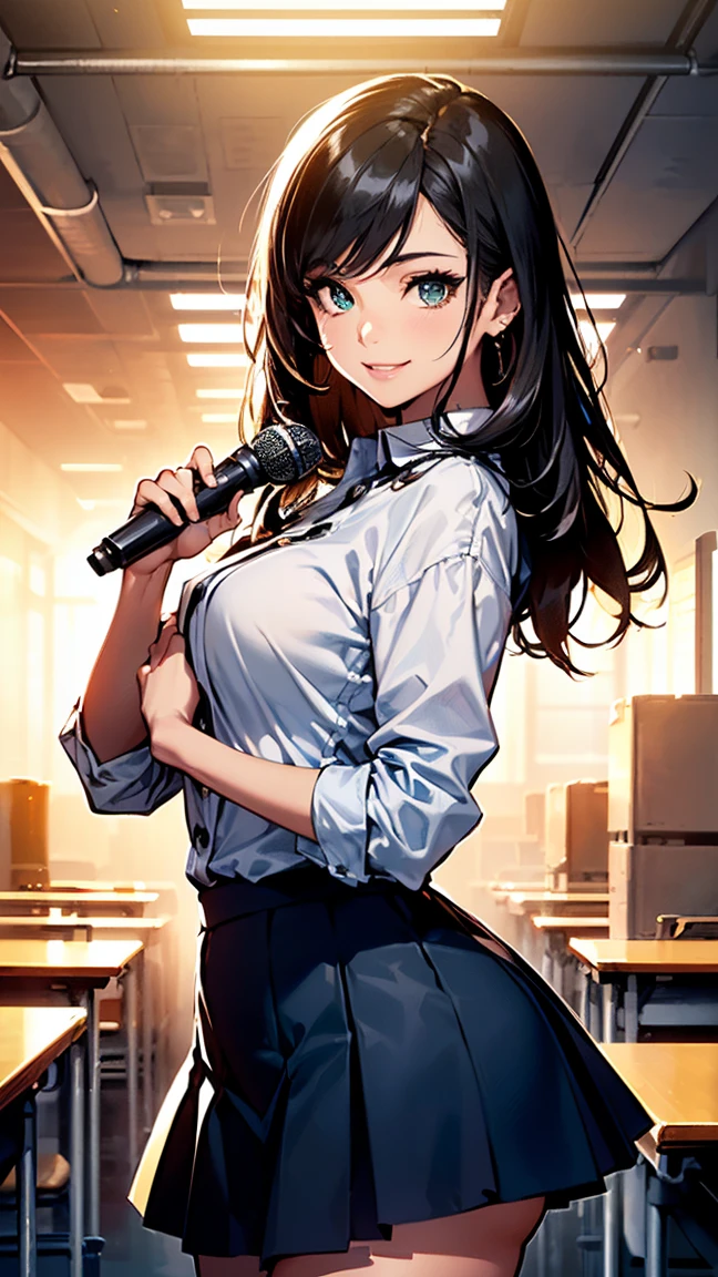 masterpiece, best quality, highres, 1girl kaori saeki, but with exposed breasts, skin tight red skirt, black thigh high stockings, classroom, cowboy shot, horny, looking at viewer, focus solo