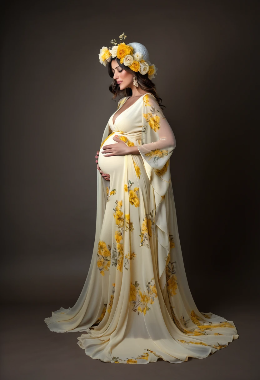 pregnant woman in a flowing dress with a flower hat in her hair, wearing a flowing floral pattern yellow dress, flowing dark yellow gown, beautiful flowing fabric with traditional Persian patterns, flowing dress, endless flowing ethereal drapery, draped in flowing fabric, beautiful gown, flowing realistic fabric, dressed beautiful gown, soft elegant gown, wearing a white flowing dress, wearing stunning ivory dress, in style of kyrill kotashev