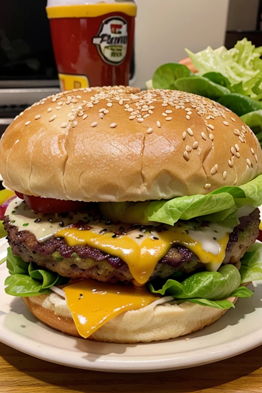 cheese burger, bacon, lettuce, sesame seed bun and tomato