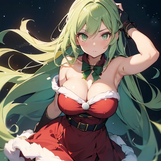 (Girl), (anime), (young), (pretty), (hot), (white), (height 1.72 cm), (long green hair and green eyes), (21 years old), (super body mature),(with gigantic breasts with a bust size of 350cm),(big ass),(wearing),+,(wearing a short, red dress, with a furry texture. - There are white details on the edges, reminiscent of Santa Claus style. - The top of the dresses is strapless, leaving the shoulders exposed. - The bust is well adjusted, accentuating the curves. - The skirt of the dresses is full and short, ending at the upper half of the thighs. - They are also wearing long black gloves that reach their elbows, complementing their Christmas attire)