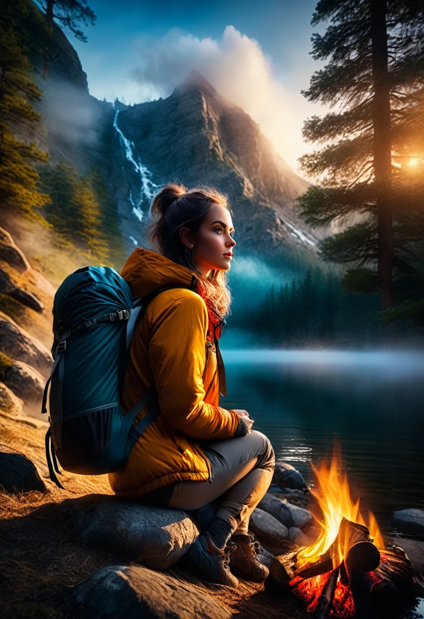A beautiful girl in the mountains, outdoor camping, detailed face, high quality, realistic, photorealistic, 8k, ultra-detailed, vibrant colors, dramatic lighting, golden hour, dramatic shadows, fog, mist, campfire, outdoor gear, hiking backpack, sleeping bag, tent, forest, pine trees, rocky cliffs, river, reflection, cinematic composition
