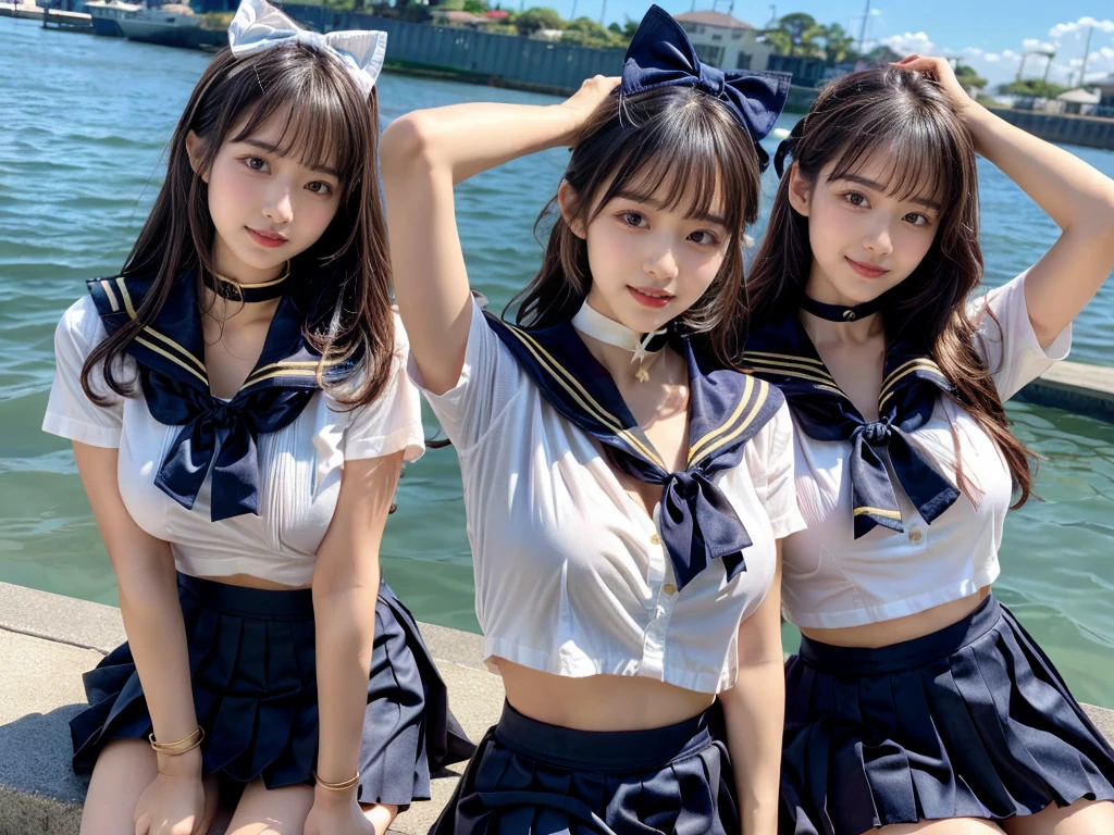 (((very heavy chest))),NSFW, 16k raw photos, highest quality, masterpiece, ultra high resolution, ((She is wearing Beautiful exposed redShe is wearing (a high school sailor uniform).
(navy sailor collar:1.4),(white shirt:1.4),(navy pleats skirt:1.4),(navy bow:1.4))).movie, ((2 girls, , 2 schoolgirls)),((attractive expression)),eyes shine、 looking at the viewer, natural skin texture very heavy chest))),((( metal black ribbon around the neck))).star handle mold、((yellow eyes)),Realistic eye and face details, lip whole, lipstick makeup), fluffy ponytail hair, laughter, Beautiful feet, tall woman, ((glowing skin)),((Beautiful armpit)), slim_feet, huge breasts, cleavage, beautiful natural places, beautiful flower garden、(detailed background,highly exposed, huge breasts, blurred background,, JK ribbon on the neck, jk ribbon, golden hair, bracelet, water, bangs, split your lips、armpit、beautiful hip line、glowing skin、(((eyes shine brightly))),lotion skin、High leg、((black hair)),highly exposed、Skimpy pink luxury fur coat、beautiful sea background、wind effect、