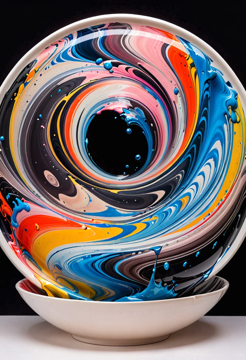 round ceramic Splashes of color swirling in circles like Jupiter. Spectacularly colorful,Deep black background