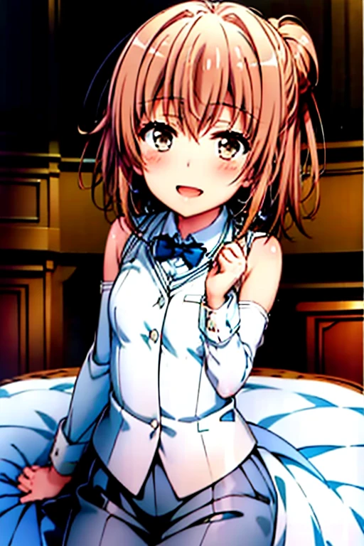 ((highest quality)), ((masterpiece)), (be familiar with), Perfect Face, indoor, Bedroom, Watching the audience,
One woman, Yuigahama Yui,
Open Mouth, Ecstatic expression, blush, smile,
Small breasts, Flat Chest, Young Girl, , , Girl,
Short Hair, Salmon-colored hair, Salmon-colored eyes, Side Pony,
Leg spread,