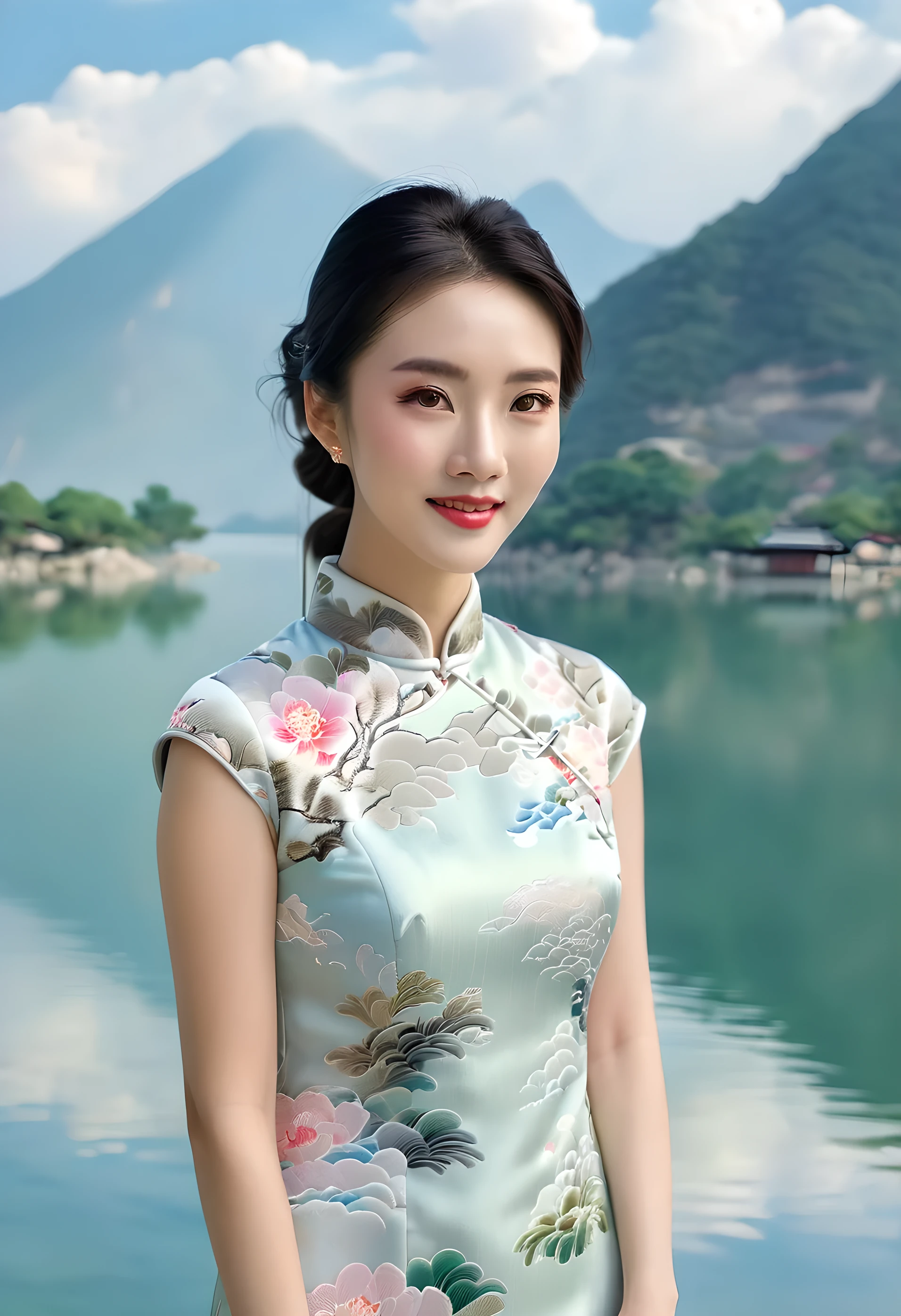 1girl, beautiful chinese woman, light-colored qipao, elegant and graceful, embodying the beauty of the oriental woman, sweet smile, standing by the lake, mountains and white clouds in the background, lake reflection, atmospheric, ethereal, soft colors, hyper detailed, 4k, photography, gongbi