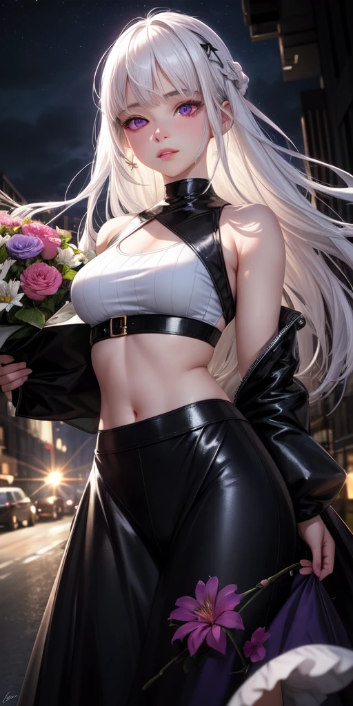 realistic, 1girl, white hair, purple eyes, glowing eyes, crop top, skirt, parted lips, blush, night, flowers, sun, sunlight,