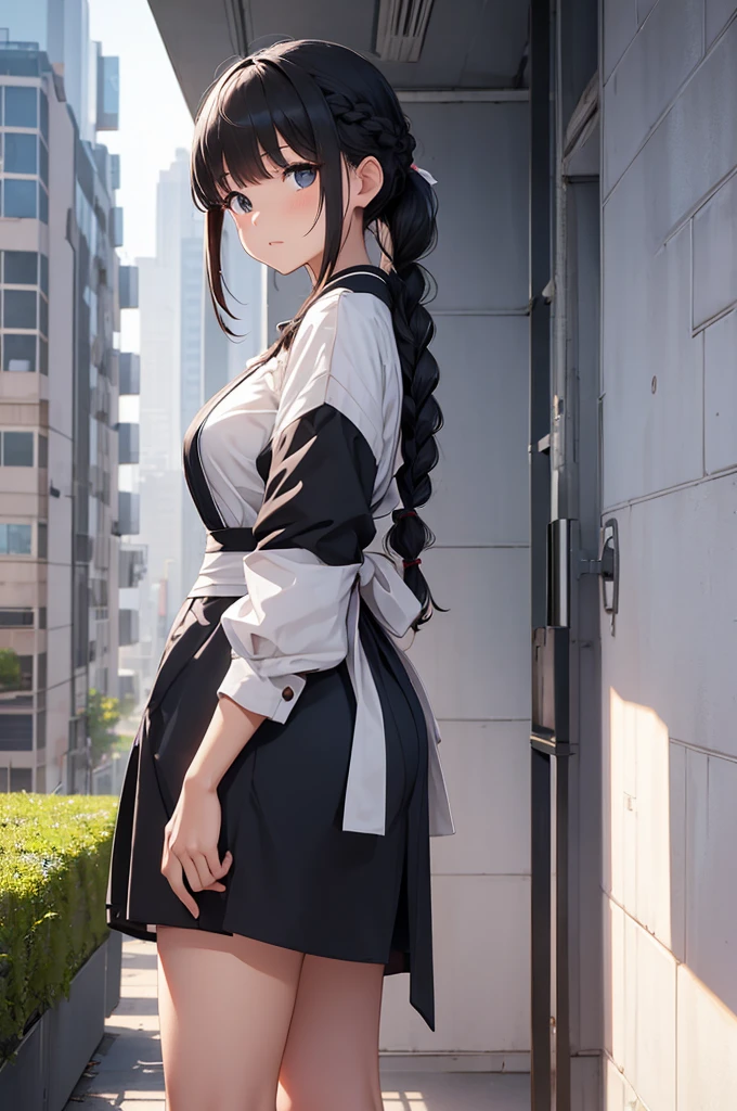 1girl,legs,a girl at building,(((building))),  braided bangs,braided ponytail,(solo:1.2),apron,thick thighs,side-tie panties, balck hair, 16yo,looking at viewer, sunlight,hanfu, 