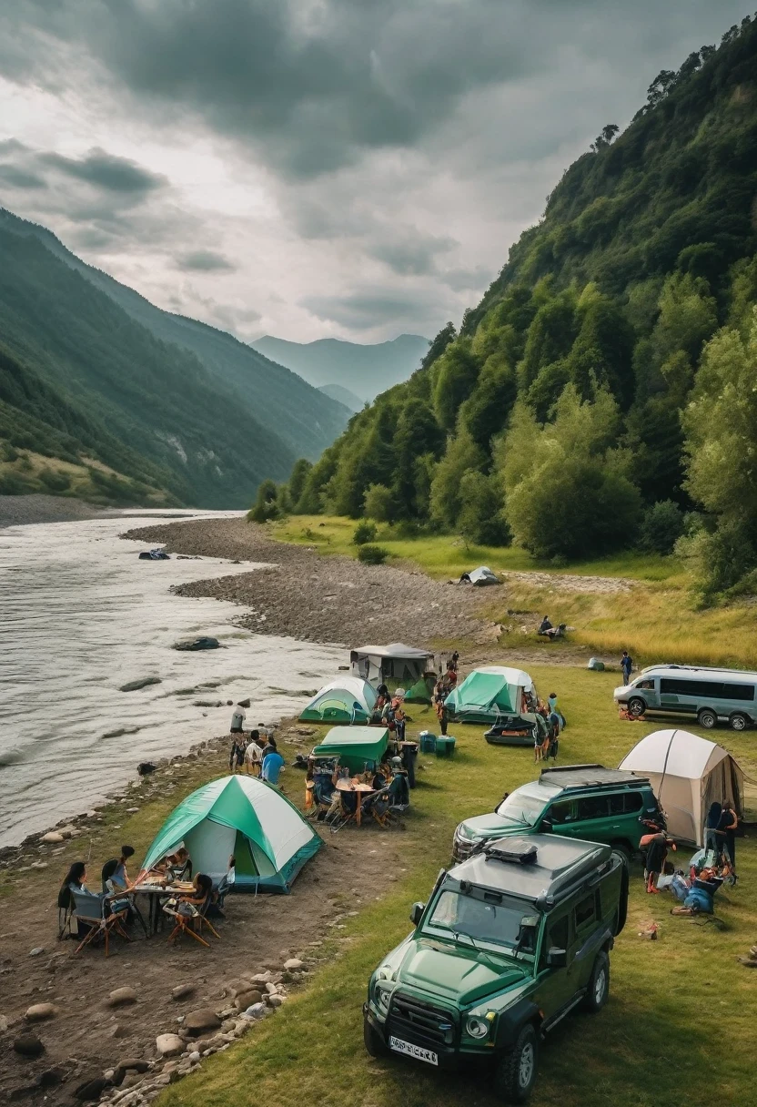 Outdoor Camping，Rivers and streams, green off-road vehicles, driving at high speeds in the water. There are white tents and camping tables on the grassy beach by the river, a group of young people happily gathering, a campfire, a joyful camping atmosphere, green mountains, off-road, car photography, photography