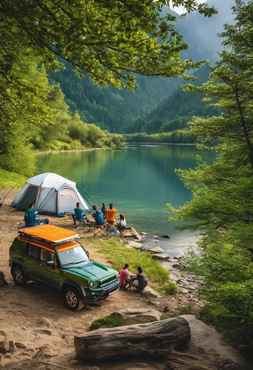 Outdoor Camping，Rivers and streams, green off-road vehicles, driving at high speeds in the water. There are white tents and camping tables on the grassy beach by the river, a group of young people happily gathering, a campfire, a joyful camping atmosphere, green mountains, off-road, car photography, photography