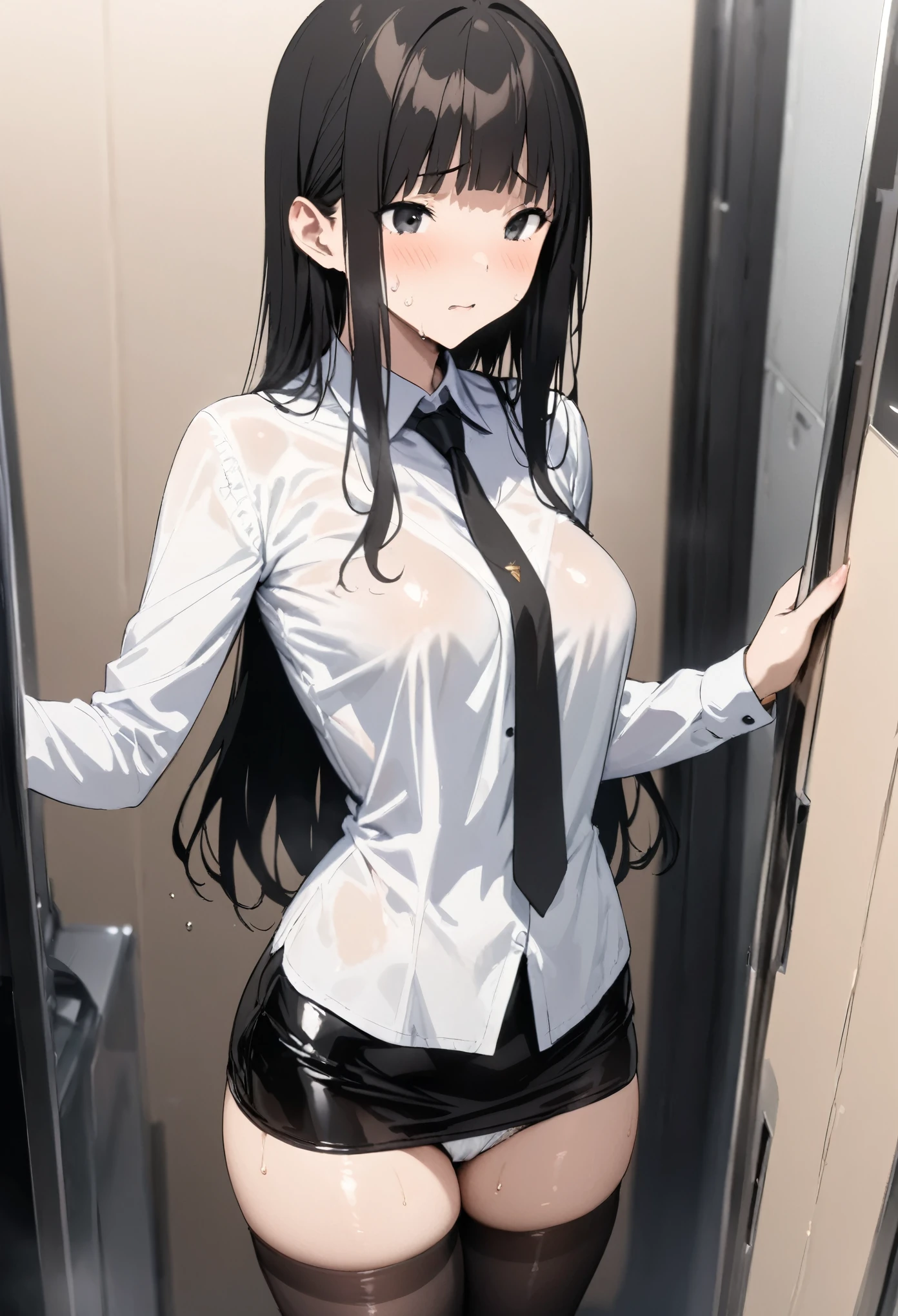 ((masterpiece, highest quality:1.3)),cowboy shot,25 year old beauty,solo,very small head,black hair,long hair,black eyes,blunt,skinny,medium breasts,long body,slender body,skinny,shiny skin,oily skin,sweat,shy,、Black tie、White long sleeve collared shirt、(Black tight mini skirt)、White panties、Wet crotch、Love juice、black_thighhighs、Shibuya Station、neon、at night、