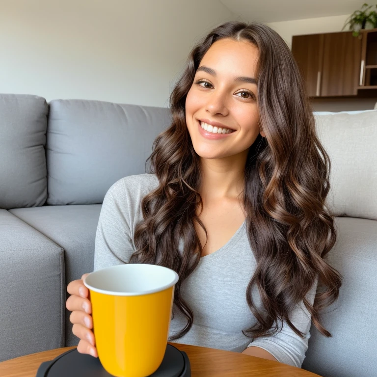 smiling woman with long curly brown hair, brown eyes, potret in a living room, holding a self balancing cup holder ,  with both hands, 25 years old, laying flat on a couch, 