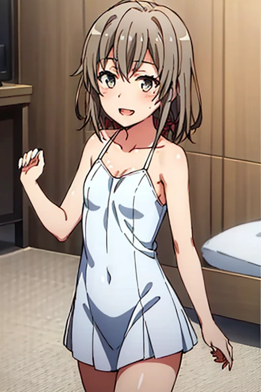 ((highest quality)), ((masterpiece)), (be familiar with), Perfect Face, indoor, Bedroom, Watching the audience,
One woman, Yuigahama Yui,
Open Mouth, Ecstatic expression, blush, smile,
Small breasts, Flat Chest, Young Girl, , , Girl,
Short Hair, Salmon-colored hair, Salmon-colored eyes, Side Pony,
Leg spread,