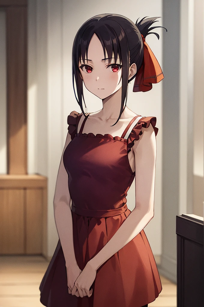 best quality, (masterpiece:1.2), detailed,20 years old,
shinomiya kaguya,
1girl, solo, closed mouth,
black hair, red eyes, short hair, folded ponytail, hair ribbon, elegant bra, red ribbon,
standing, looking at the viewer, medium breasts,((upper body)), healthy skin