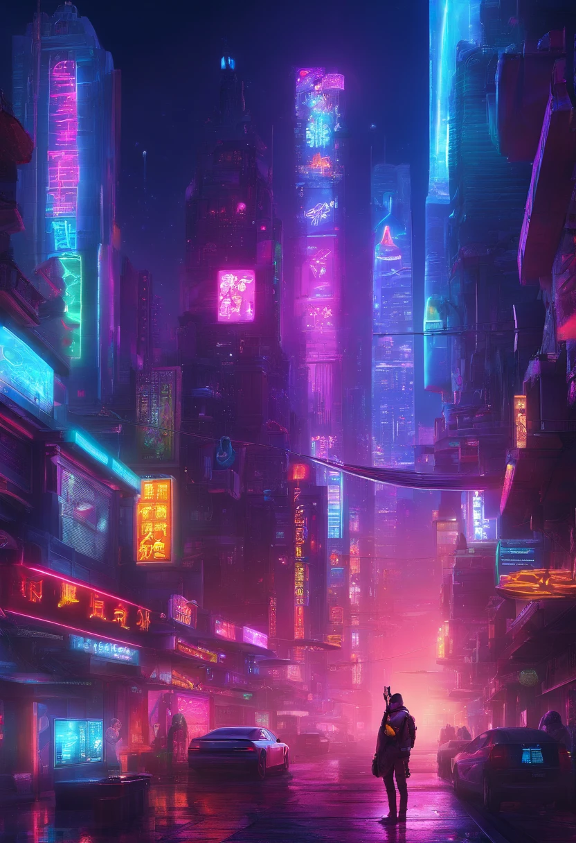 Fantasy、Near future city、neon、Night view、boy、Violin