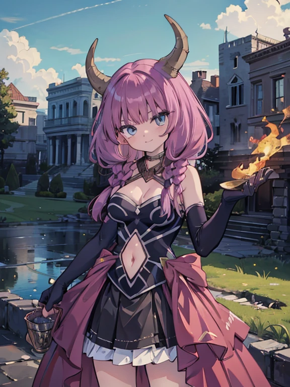 masterpiece, highest quality, Very detailed, 16k, Ultra-high resolution, Cowboy Shot, Detailed face, Perfect Fingers,  girl, AURA, HORNS, LONG HAIR, LOOKING AT VIEWER, BRAID, GLOVES, TWIN BRAIDS, ELBOW GLOVES, NAVEL, BLACK GLOVES, CLEAVAGE, NAVEL CUTOUT, CLOTHING CUTOUT, SKIRT, BARE SHOULDERS, LARGE BREASTS, Holding a balance, In front of the ruins, Stand with a smug look on your face