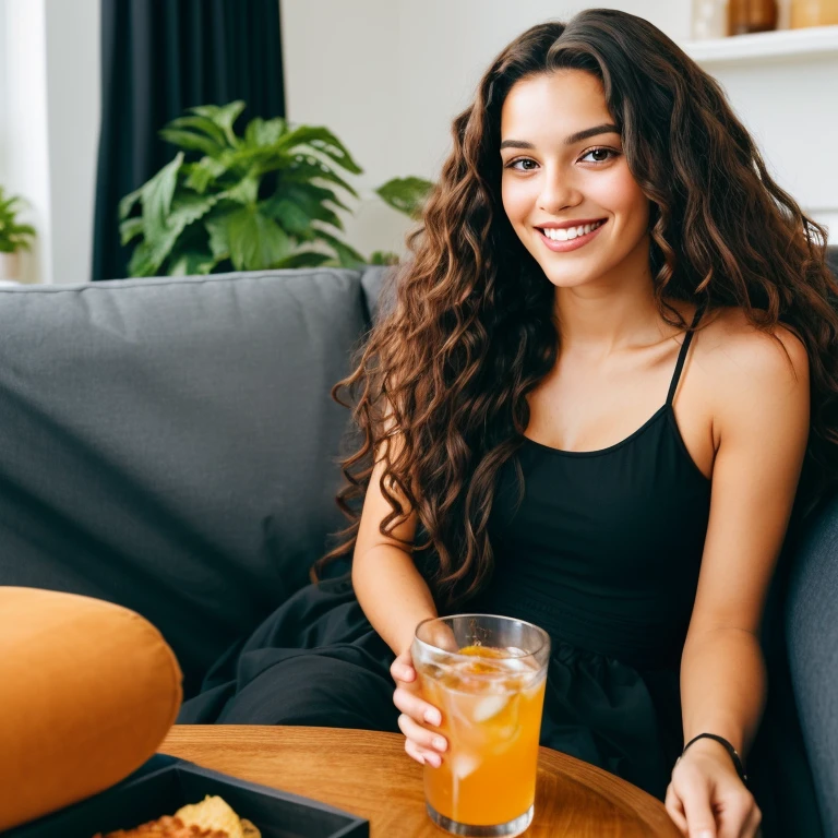 smiling woman with long curly brown hair, brown eyes, potret in a living room, holding a black box with drink and food in it r , with both hands, 25 years old, laying flat on a couch,