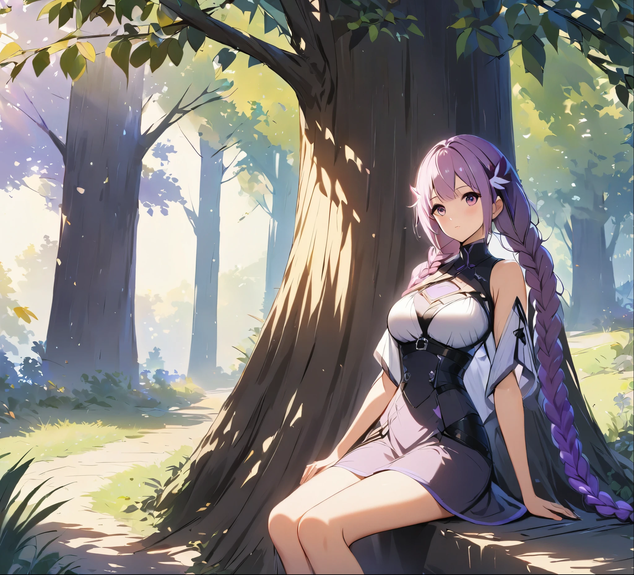 A couple(1 male, 1 woman with purple and white gradient double braids),,Sitting under a tree,natural scenery,Sunlight through the leaves,Warmth,Quiet,Soft Light,Rich in details,High-definition quality