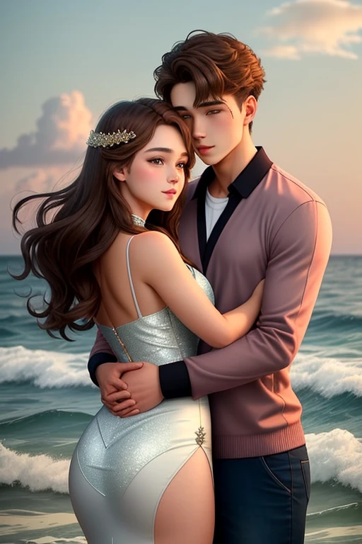 Man Hugging a beautiful mermaid on the sea with red tails. from back and kissing, Lovers. Hand on the waist. Hand on the neck.  
20-year-old boy and 18-year-old girl. Detailed face, Detailed eyes, double eyelid, cute, sunny, warm vibes, Handsome-cool-warm-boy with brown hair and hot-seductive-sexy-cute-beautiful-girl with brown hair and blushing face. Intimate vibes. 