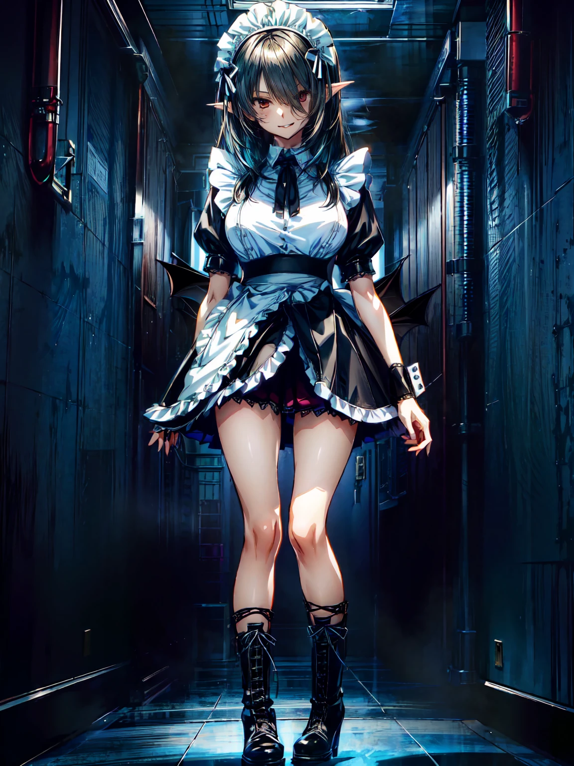 (Perfect Anatomy:1.2, highest quality),(Maid leotard details:1.6),One Girl,alone,Long Hair:1.5, (Short sleeve, Thighs,Maid Cufflinks),,Hypno Lola, Hollow Eyes,(High heel lace-up boots:1.4), (Without skirt:3.0),Dark aura,Leotrad,,love for viewers,Looking down,(In the 
 research evil facility:1.8),evil smile