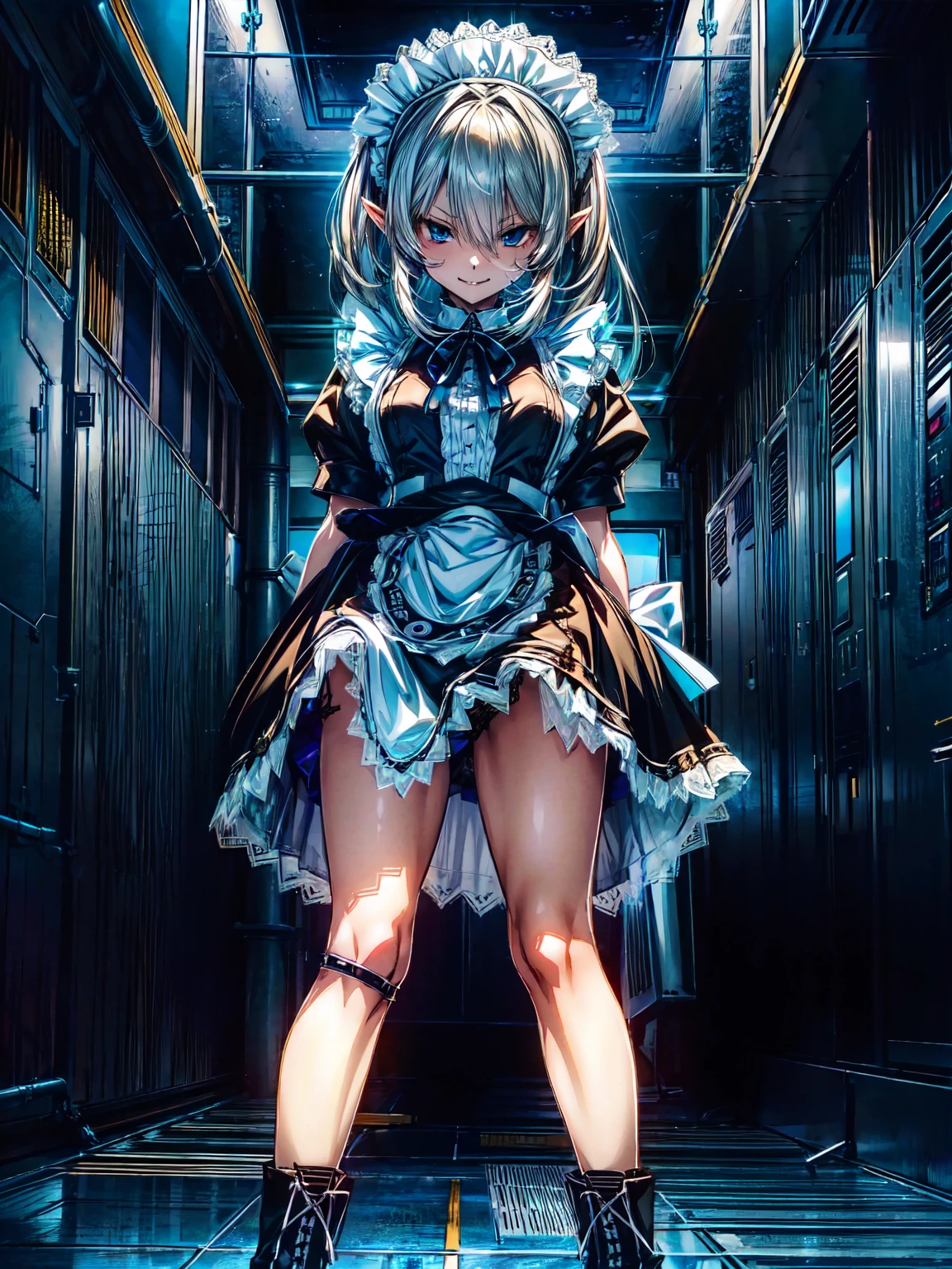 (Perfect Anatomy:1.2, highest quality),(Maid leotard details:1.6),One Girl,alone,Long Hair:1.5, (Short sleeve, Thighs,Maid Cufflinks),,Hypno Lola, Hollow Eyes,(High heel lace-up boots:1.4), (Without skirt:3.0),Dark aura,Leotrad,,love for viewers,Looking down,(In the 
 research evil facility:1.8),evil smile