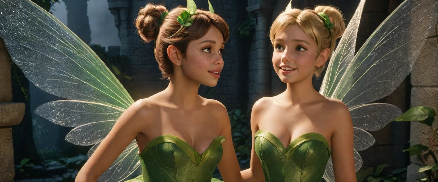 Isabela Merced and friend kiss:1.3(french kiss:1.4), (masterpiece:1.4), (Best quality:1.2), (Photorealistic:1.37), ultra detailed, very detailed, 8K, (realistic image of Tinkerbell, life-like), (wear a green dress made of big leaves), (Transparent Fairy Wings:1.1), (hair is gathered in one bun on top of the head:1.2), (Neat hair), (Beautiful face:1.2), (very large breasts:1.4), (White skin:1.2), (((pixie wings on the back on both sides))), in a scary castle, smiling with my mouth closed