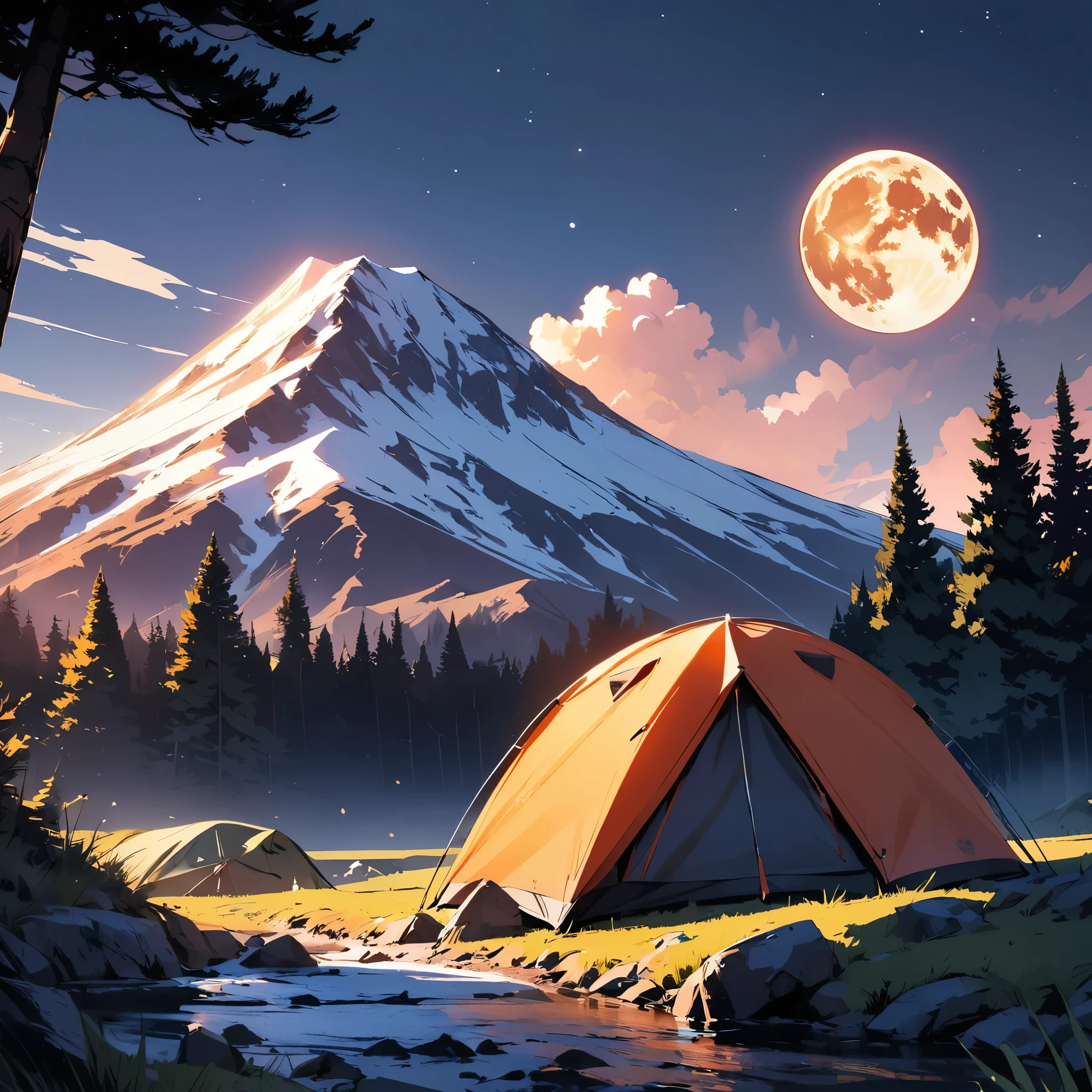 (highest quality:1.2, Very detailed, High Detail, High Contrast, masterpiece:1.2, highest quality, Best aesthetics), 1 Female, Detailed outdoor camping scene, Beautiful detailed eyes, Beautiful detailed lips, Very detailedな顔, Long eyelashes, Camping gear, Camping Tents, Night Sky, full moon, Star Moon, Star Moon, Mountain in the background々, pine tree, Stream with rocks.