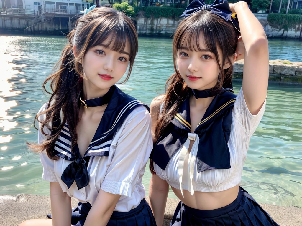 (((very heavy chest))),NSFW, 16k raw photos, highest quality, masterpiece, ultra high resolution, ((She is wearing Beautiful exposed redShe is wearing (a high school sailor uniform).
(navy sailor collar:1.4),(white shirt:1.4),(navy pleats skirt:1.4),(navy bow:1.4))).movie, ((2 girls, , 2 schoolgirls)),((attractive expression)),eyes shine、 looking at the viewer, natural skin texture very heavy chest))),((( metal black ribbon around the neck))).star handle mold、((yellow eyes)),Realistic eye and face details, lip whole, lipstick makeup), fluffy ponytail hair, laughter, Beautiful feet, tall woman, ((glowing skin)),((Beautiful armpit)), slim_feet, huge breasts, cleavage, beautiful natural places, beautiful flower garden、(detailed background,highly exposed, huge breasts, blurred background,, JK ribbon on the neck, jk ribbon, golden hair, bracelet, water, bangs, split your lips、armpit、beautiful hip line、glowing skin、(((eyes shine brightly))),lotion skin、High leg、((black hair)),highly exposed、Skimpy pink luxury fur coat、beautiful sea background、wind effect、