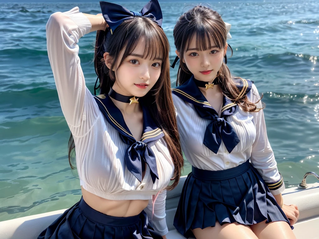 (((very heavy chest))),NSFW, 16k raw photos, highest quality, masterpiece, ultra high resolution, ((She is wearing Beautiful exposed redShe is wearing (a high school sailor uniform).
(navy sailor collar:1.4),(white shirt:1.4),(navy pleats skirt:1.4),(navy bow:1.4))).movie, ((2 girls, , 2 schoolgirls)),((attractive expression)),eyes shine、 looking at the viewer, natural skin texture very heavy chest))),((( metal black ribbon around the neck))).star handle mold、((yellow eyes)),Realistic eye and face details, lip whole, lipstick makeup), fluffy ponytail hair, laughter, Beautiful feet, tall woman, ((glowing skin)),((Beautiful armpit)), slim_feet, huge breasts, cleavage, beautiful natural places, beautiful flower garden、(detailed background,highly exposed, huge breasts, blurred background,, JK ribbon on the neck, jk ribbon, golden hair, bracelet, water, bangs, split your lips、armpit、beautiful hip line、glowing skin、(((eyes shine brightly))),lotion skin、High leg、((black hair)),highly exposed、Skimpy pink luxury fur coat、beautiful sea background、wind effect、