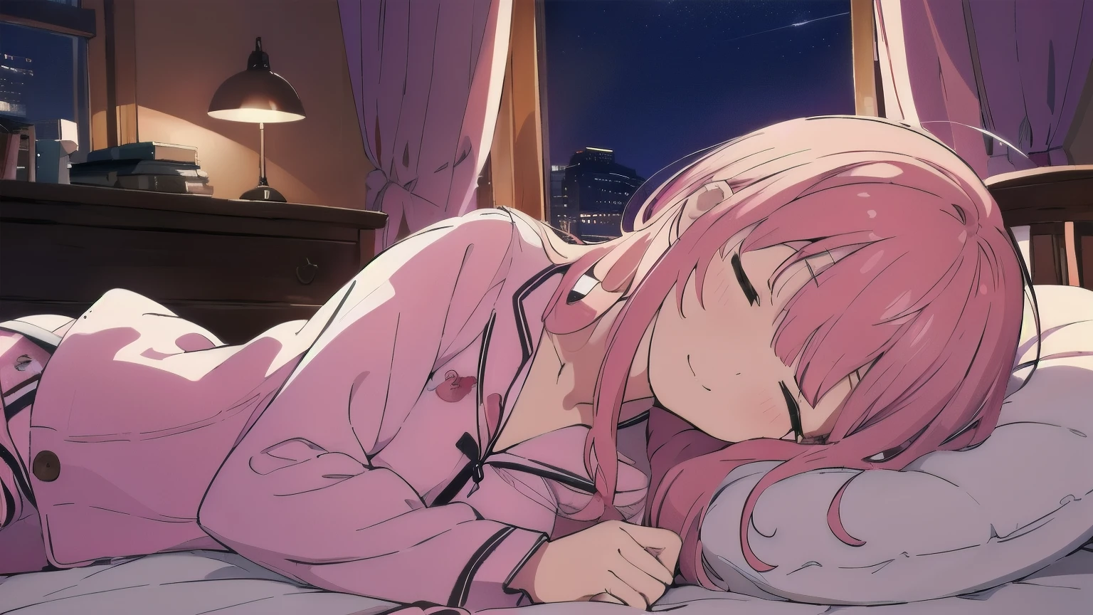Very detailed, Detailed Background, (highest quality, masterpiece, High resolution), One girl, smile, Mid-chest, Pink Hair, Upper Body, pajamas, long hair、 (night:1.4)、 Dimly lit room, Co-sleeping style