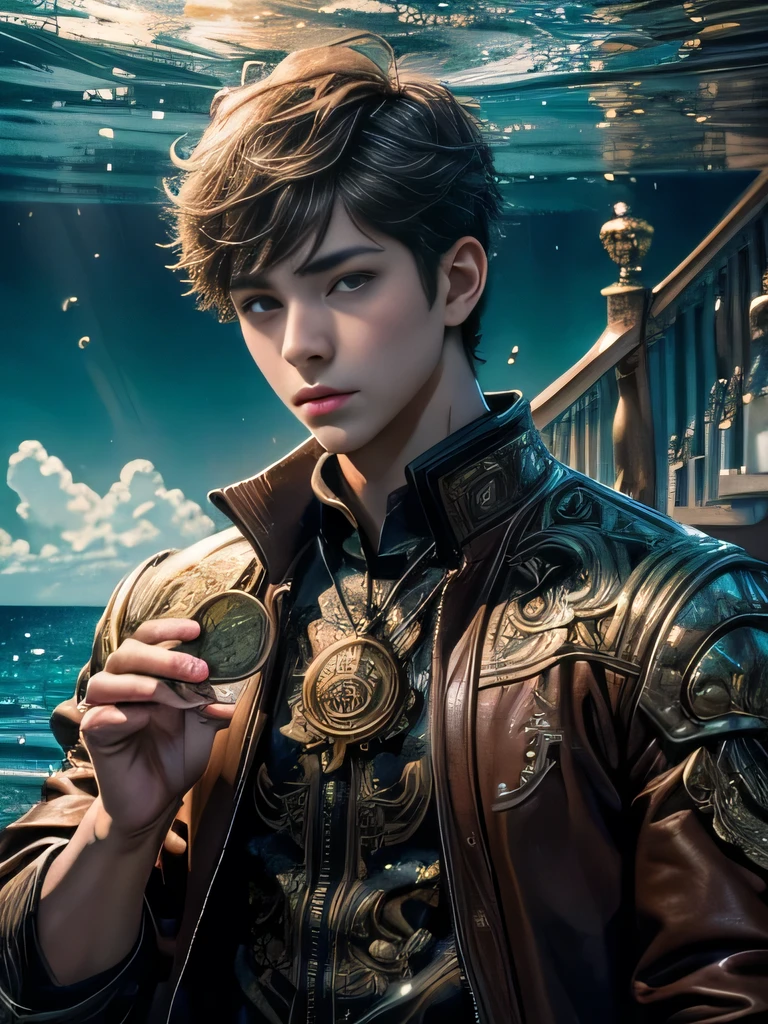 (Absurd, High resolution, Very detailed, High resolution), masterpiece, Intricate details,Handsome teenage boy with short hair and anime eyes, Two coins in hand,顔のIntricate details, Beautiful ocean in every detail,Characters with attention to detail